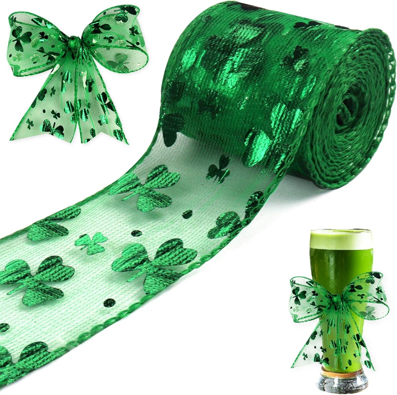 St. Patrick's Day Wired Ribbon, 2.5" 10 Yards Shamrock Organza Decorative Ribbons Green Glitter Lucky Clover Wired Edge Wrapping Ribbon for Home Decor Gift Wrapping Wreath Wedding DIY Craft